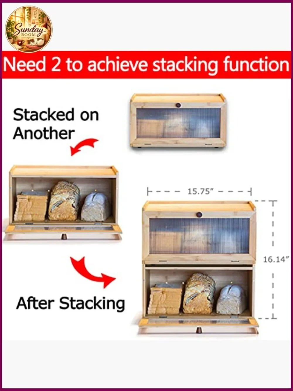 Large Bamboo Bread Box with Window - Farmhouse Kitchen Storage